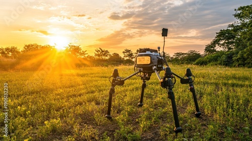 Autonomous filming robot in a grassy field at sunset.