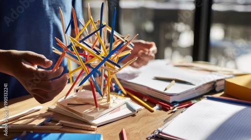 Guiding hands assemble a colorful wooden windmill in a sunny classroom.
