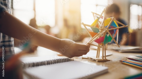 Guiding hands assemble a colorful wooden windmill in a sunny classroom.