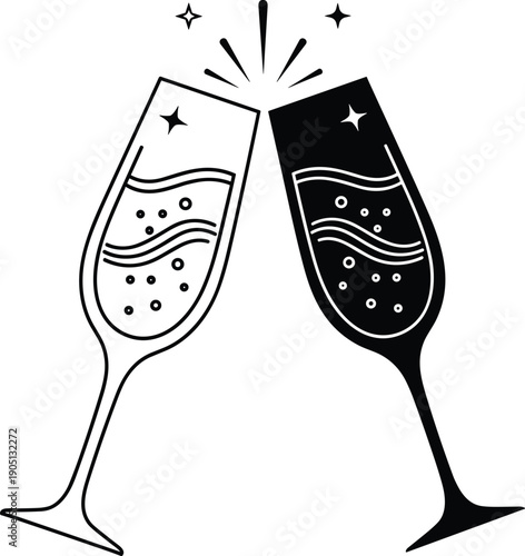 Champagne glasses toast silhouette illustration celebrating party, wedding, anniversary and New Year events, elegant sparkling wine celebration icon isolated on white background