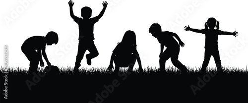 Children playing outdoors silhouette on grass, happy kids jumping running and exploring nature, joyful childhood activity and freedom concept isolated on white background illustration