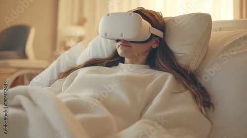 Woman in virtual reality headset resting in a hospital bed.
