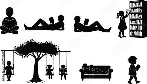 Children reading books silhouette set showing kids studying, learning, playing and relaxing, education concept illustrations in black and white for library, school, childhood knowledge themes