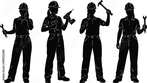 Construction workers silhouette set with female technicians holding tools, professional industry labor poses representing engineering maintenance and safety jobs isolated on white