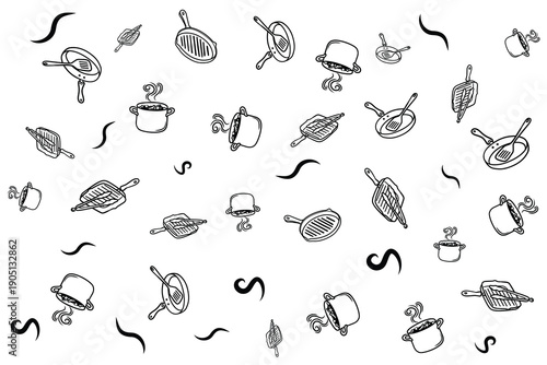 Professional Kitchen Cookware Seamless Pattern with Pots and Pans