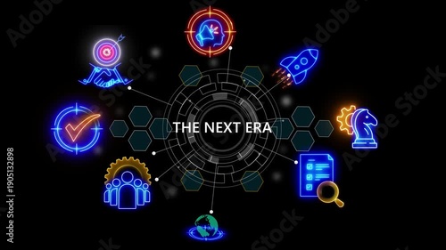 the next era text .internet and networking concept, cube glow with matrix global security with digital spot light and stretch background glowing 4k video animation