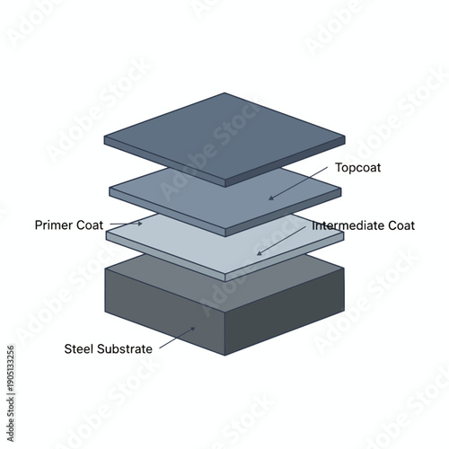 steel surface treatment and coating layers, layered technical flat layout, muted industrial colors, vector illustration