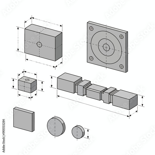 steel dimensional calibration reference geometry set, precision-focused flat composition, neutral metallic tones