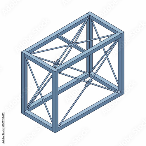 steel frame bracing system with cross members, engineering-focused isometric composition, muted blue and gray colors