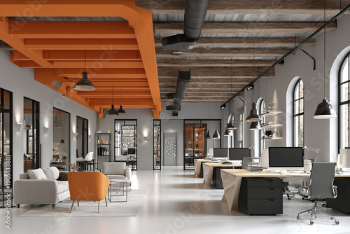 Modern coworking office space with industrial design features, exposed wooden ceiling beams, orange accents, and large arched windows creating bright and inviting work environment