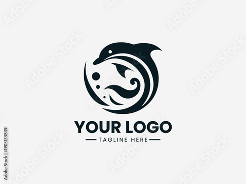 Black and white logo design featuring an orca with a wave on a clean white background for branding purposes.