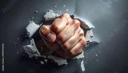 Fist breaking through a dark surface with debris flying.