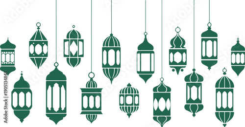 A diverse collection of stylized dark green hanging lanterns with intricate patterns and shapes