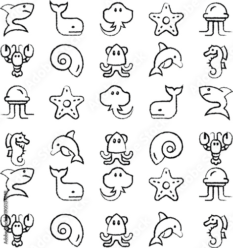 A repeating pattern of various hand-drawn style sea creature icons including sharks, whales, rays, starfish, jellyfish, lobsters, shells, octopuses, dolphins, and seahorses.