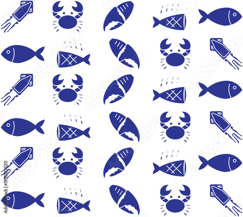 A repeating pattern of blue stylized sea creatures including fish, crabs, squid, and crab claws on a white background.