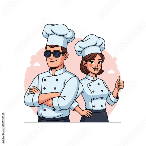 Set of funny cartoon chefs and cooks wearing uniforms and hats, smiling in a kitchen food theme illustration