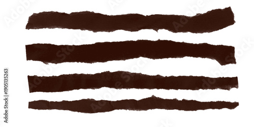 Four Dark Brown Torn Paper Strips with Rough Edges on Black Background