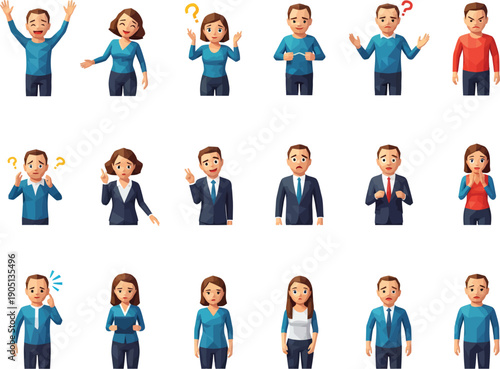 Set of characters displaying a range of human emotions from joy and excitement to sadness and stress, useful for conveying feelings and reactions.