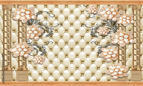 Tableau sur toile Opulent 3D wallpaper design featuring luxurious cream tufted leather upholstery with elegant peacock birds, floral arrangements and ornate golden baroque frames