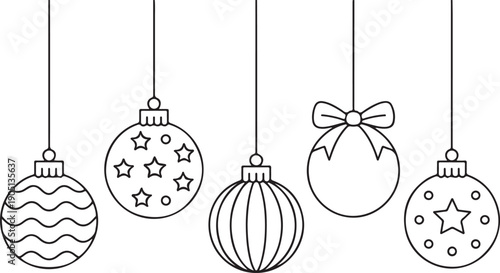 Five outline style Christmas tree ornaments featuring different patterns hanging on a white background
