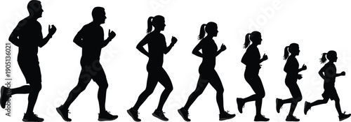 Running people silhouette illustration showing men women and children jogging exercise fitness motion isolated black vector design concept