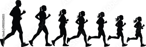 Running people silhouette sequence illustration showing men women jogging exercise fitness motion isolated black vector design for sport lifestyle concept