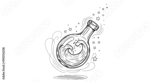 Hand-drawn potion bottle with swirling liquid and stars, sketch style