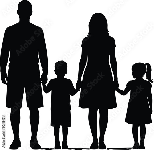 Happy family silhouette illustration showing parents with two children holding hands isolated black vector design for love unity concept