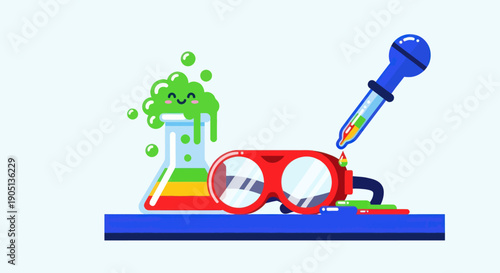 Chemistry Experiment Fun: Beaker, Goggles, Dropper with Colorful Liquid