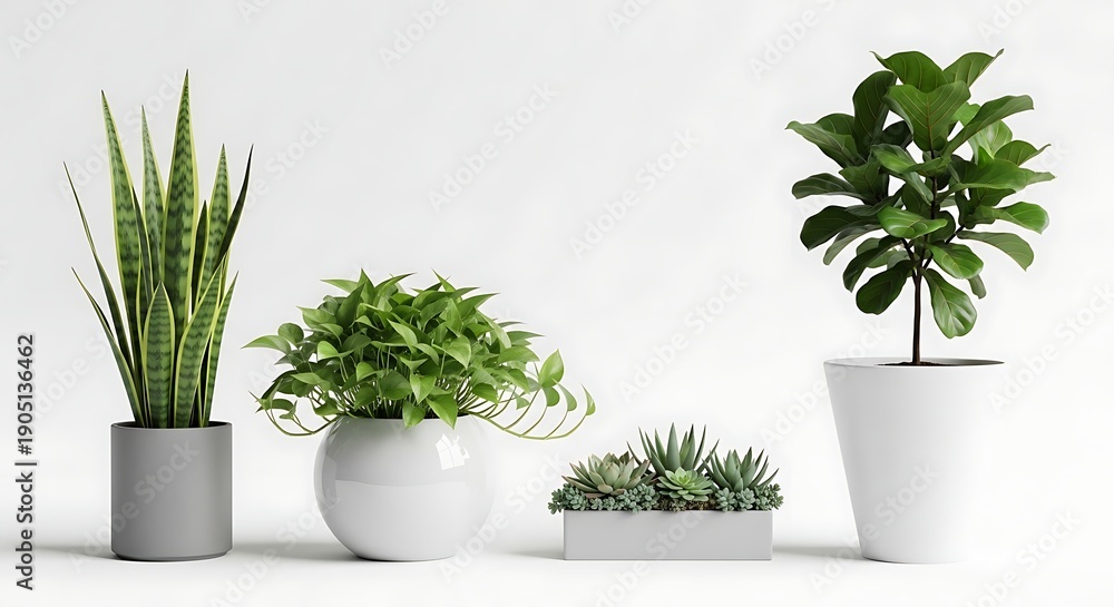 Fototapeta premium Indoor Plants in White Pots on White Background.