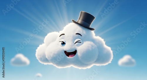 Main Subject: A cheerful, anthropomorphic white fluffy cloud.