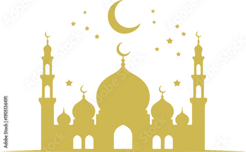 Majestic golden silhouette of an Islamic mosque with domes, minarets, a crescent moon, and many stars