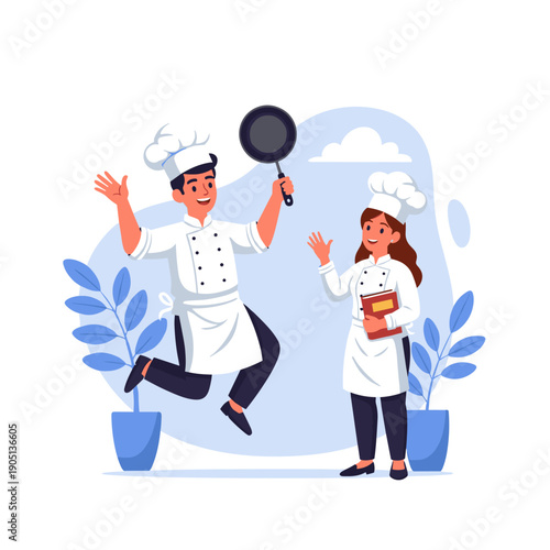 Cartoon chef character holding a spoon and serving tray in a restaurant kitchen illustration
