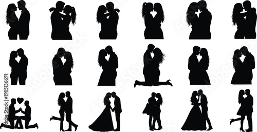 Romantic couples silhouette set showing love kiss embrace proposal wedding dancing passion isolated black vector illustration collection for stock design