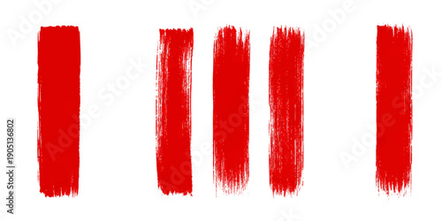 A set of red paint brush strokes with a colorful art texture is isolated on a white background as a hand drawn design element for heart and love decorations