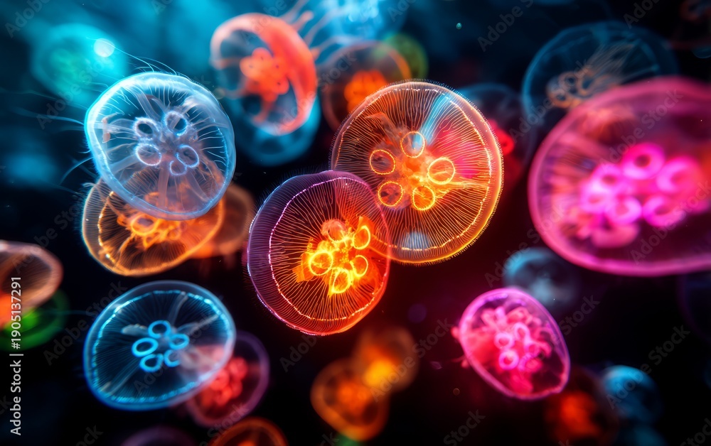 Obraz premium Vibrant Abstract Glowing Jellyfish Pulsing in Deep Sea Environment