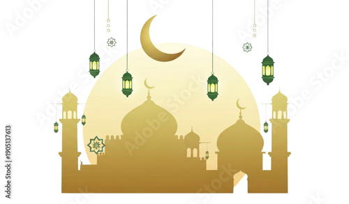 A minimalist vector illustration of a mosque silhouette with hanging lanterns