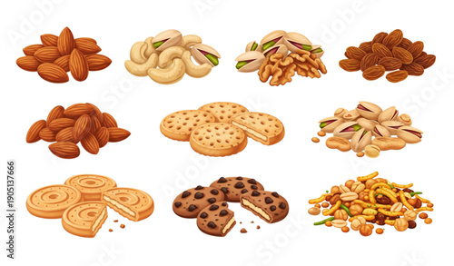 A colorful illustration of various nuts and cookies on a white background