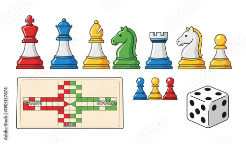 A colorful vector illustration of chess pieces and a game board with a dice