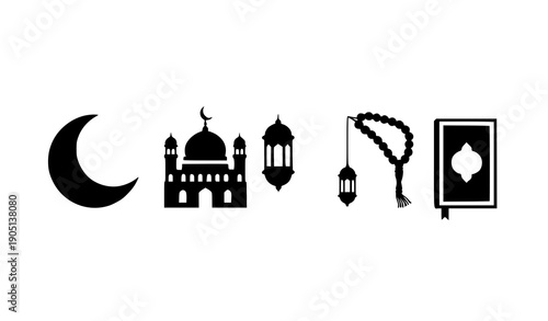Black Islamic Ramadan silhouettes with crescent moon mosque lantern tasbih and Quran vector set