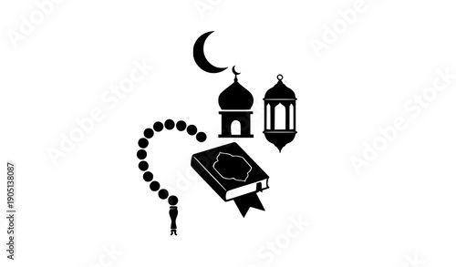 Ramadan Islamic symbols black silhouette vector icons with crescent mosque lantern and Quran