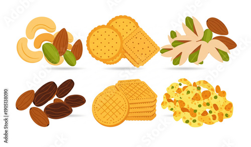 A vector graphic illustration of various snack foods and nuts