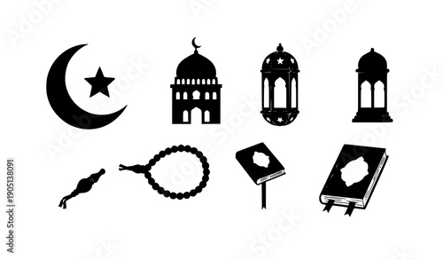 Minimal black Ramadan Islamic elements silhouette collection with mosque crescent lantern and Quran