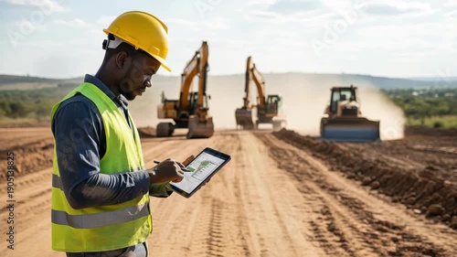 African-american Engineer On Construction Site Reviewing Plans On Tablet With Heavy Machinery In Operation In The Background For Project Management Engineering Concepts