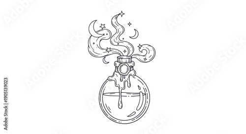 Mystical Potion Bottle with Swirling Smoke and Stars - Line Art