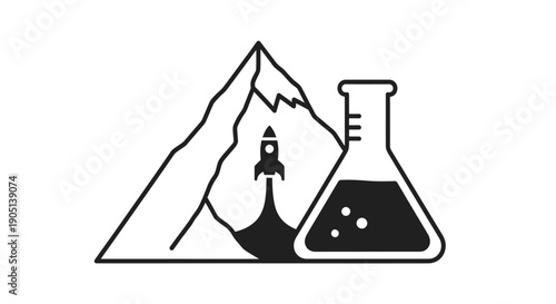 Rocket Launching from Mountain Peak Next to Scientific Flask, Innovation Concept