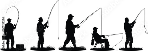 Set of black fisherman silhouettes with fishing rods and equipment, men catching fish in different poses, outdoor hobby vector illustration isolated on white,