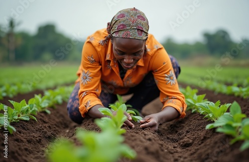 African woman farmer plants new green crops in fertile soil. Rural worker cares for small plants in a field. Female agricultural worker cultivates healthy food outdoors.