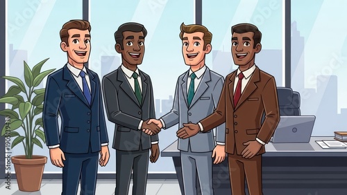 Diverse business team shaking hands in modern office environment illustration