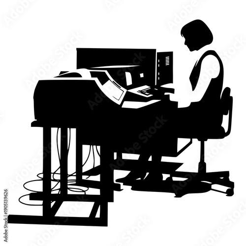 Retro-style black silhouette of a woman operating a vintage mainframe computer or typewriter. Minimalist high-contrast graphic of a professional working at a classic tech workstation.